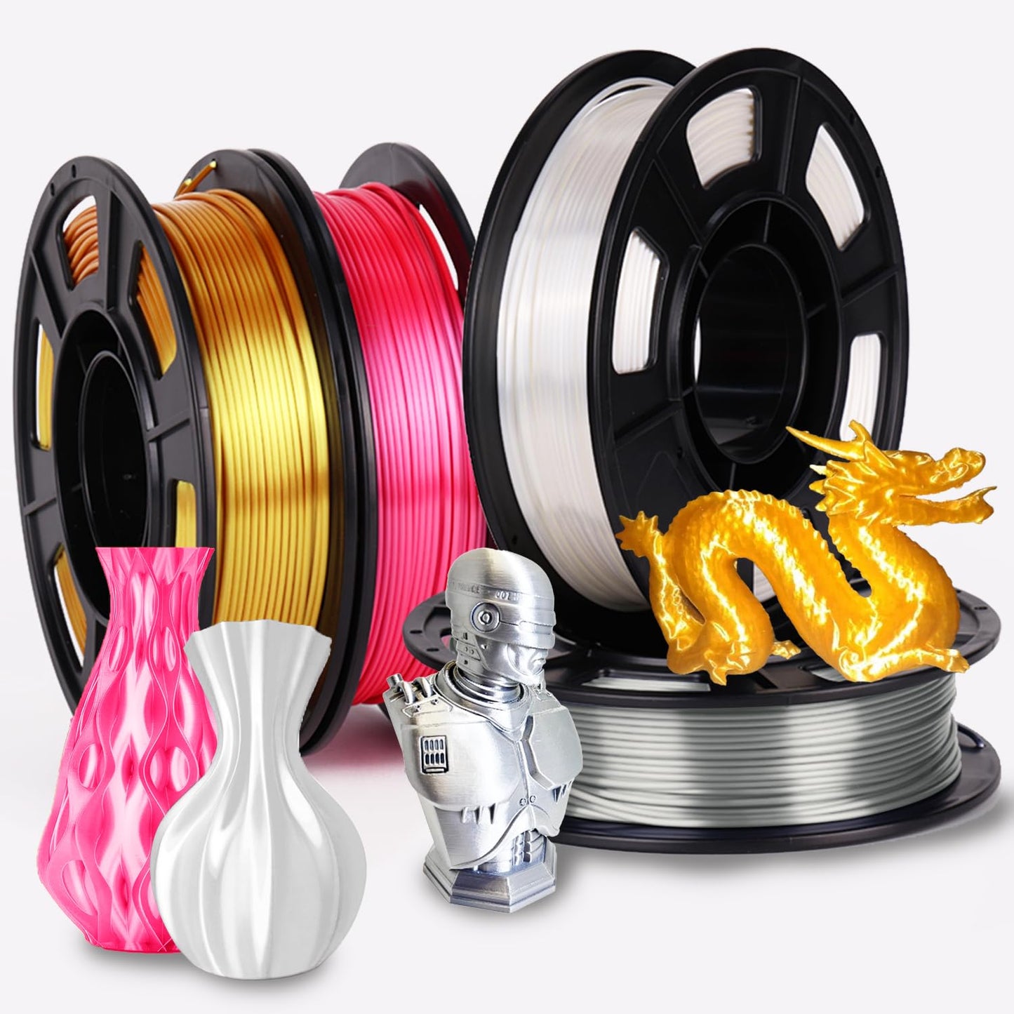 YOUSU 3D Printer Filament, 250G PLA Silk Filament Bundle, 1.75mm Smooth Silk Filament Muticolor, Silk PLA Filament 4 Color Pack 4x250g (Gold, Silver, Pink, White) - WoodArtSupply