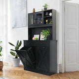 Arlopu Dual Tilt Out Trash&Storage Cabinet, Kitchen Sideboard Cupboard W/Pet Proof 10X2 Gal Hidden Garbage Holder, Freestand Laundry Sort Cabinet, W/Drawer, Shelves,Barn Door (Black) Arlopu