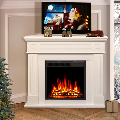 R.W.FLAME 43” Corner Electric Fireplace Mantel Wooden Surround Firebox, TV Stand with Freestanding Electric Fireplace, Remote Control, Adjustable Led Flame, 750W/1500W Pearl White