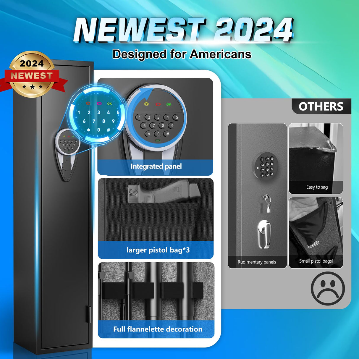 3-5 Digital Large Rifle Safe for Rifle and Pistols,Long Gun Safe for Rifle and Shotguns with Multifunctional Panel and Upgraded Pistol Pouches,Gun cabinet with LED&Alarm and Mute Mode Yiosotne