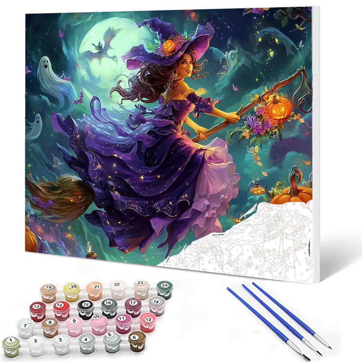 Tucocoo Witch Rides on a Broomstick Paint by Number Kits,Halloween Night Paint by Numbers for Adults,All Hallows Eve Acrylic Painting for Gift Home Decor16x20inch Frameless Tucocoo