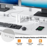 Furologee White Computer Desk with Drawer and Power Outlets, 47" Office Desk with 2 Monitor Stands and Fabric File Cabinet, Writing Gaming Table with Shelves and 2 Hooks for Home Office Furologee