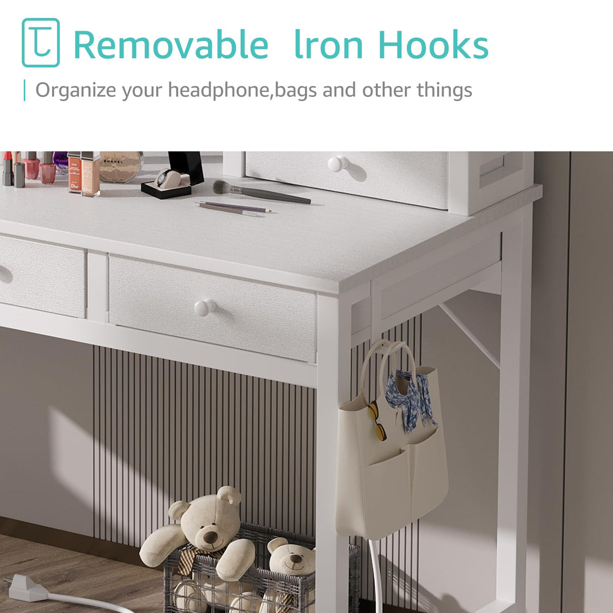 Lufeiya White Computer Desk with Fabric Drawers for Home Office, 40 inch Vanity Makeup Desk with Drawers Storage for Bedroom, Writing Study Table with Power Outlet & Monitor Stand, White Lufeiya