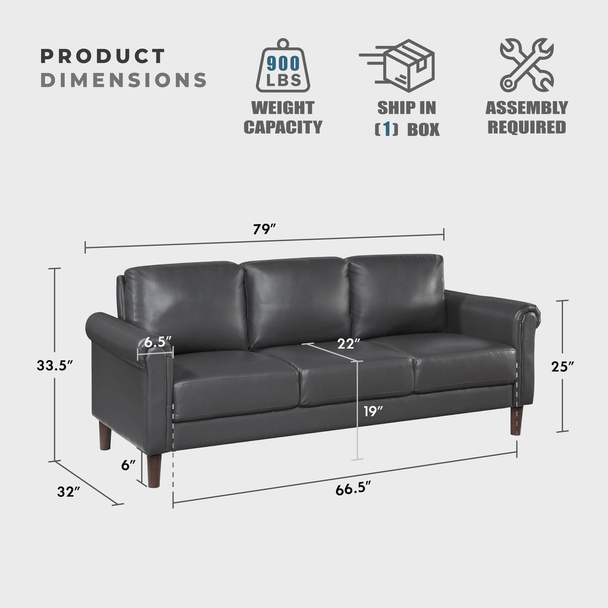 Lexicon 79" W Sofa Couch, Faux Leather Upholstered Couch, Sofa with Rolled Armrest for Bedroom/Office/Waiting Room, 3 Seater, Dark Gray Lexicon