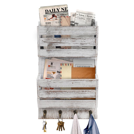 SWALLOW BRAND Mail Organizer Wall Mount with 4 Key Hooks, Rustic Wooden Hanging Mail Sorter Farmhouse Key Holder for Wall Decoration, 2-Slot Wall File and Magazines Bill Letter Holder SWALLOW BRAND