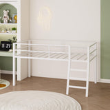 Lutown-Teen Loft Bed Twin Size, Low Junior Metal Twin Loft Bed with Stairs and Safety Guard, Noise Free and Space Saving, White Lutown-Teen