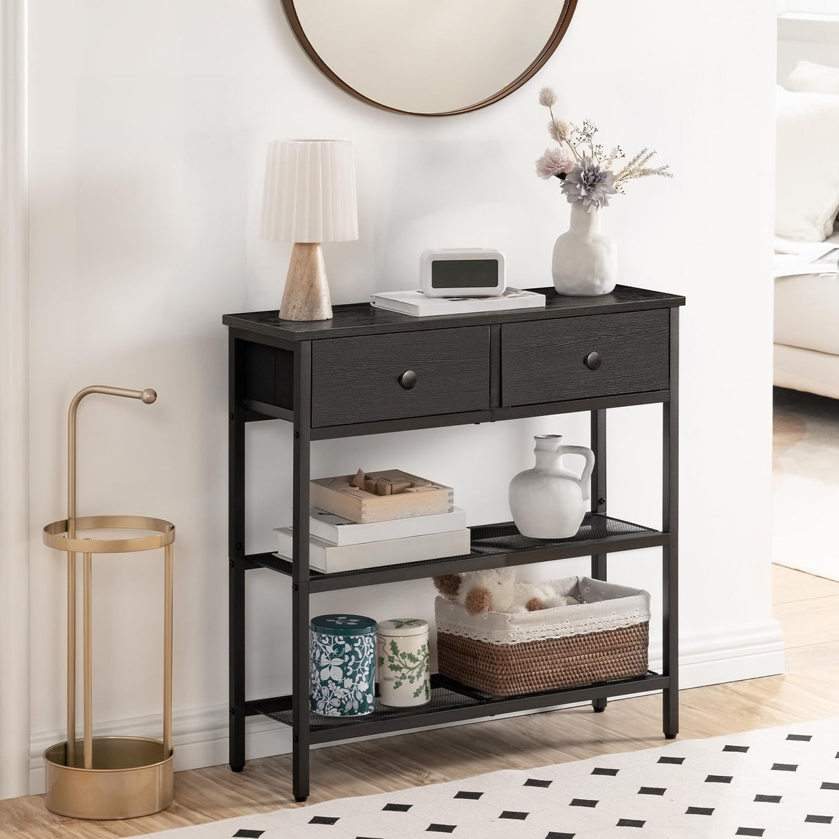 HOOBRO 29.5" Narrow Console Table with 2 Fabric Drawers, Small Entryway Table with 3-Tier Storage Shelves, Thin Sofa Table, Side Table, for Living Room, Hallway, Black BB72XG01 HOOBRO