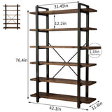 AY-AOYUAN Solid Wood Bookcase and Book Shelves Wood and Metal Shelving Unit 5 Tier Bookshelf Modern Rustic Open Bookshelf Office,Distressed Brown (AY-02-6Tier) AY-AOYUAN