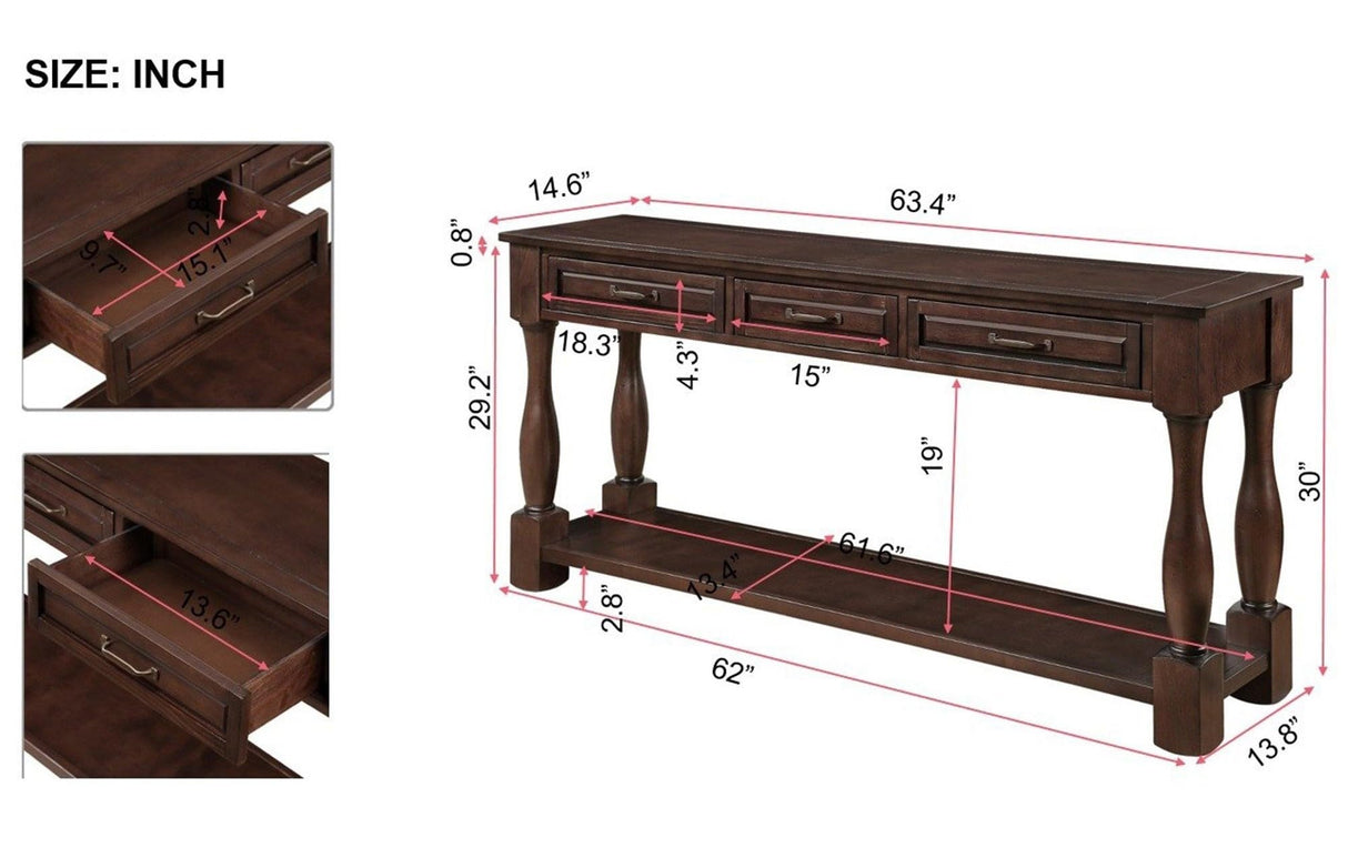 L“KeKe 63inch Solid Wood Console Table with 3 Drawers and 1 Bottom Shelf Extra-Thick Sofa Table(Light Espresso) L“KeKe