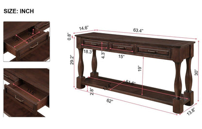 L“KeKe 63inch Solid Wood Console Table with 3 Drawers and 1 Bottom Shelf Extra-Thick Sofa Table(Light Espresso) - WoodArtSupply