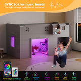 JOYMOR Loft Bed Twin Size with Led Light, Low Loft Bed with Storage Drawer, Modern Farmhouse Loft Bed with Castle Guardrail and Window, Book Rack, Smart APP Control, No Box Spring Needed (Gray) JOYMOR