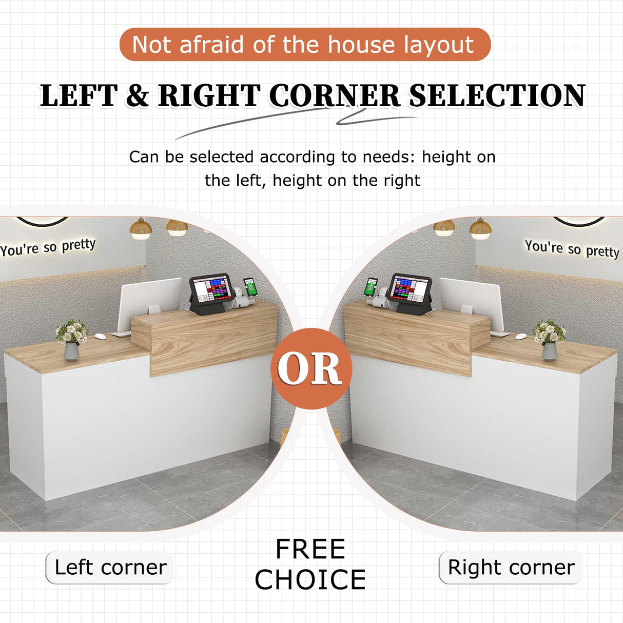 LSZMXI Modern Reception Desk with Drawer & Open Shelves, 39-95 Inch Front Counter Table, Computer Workstation Suitable for Salons, Offices, Lobbies, Retail Stores and Home Offices LSZMXI