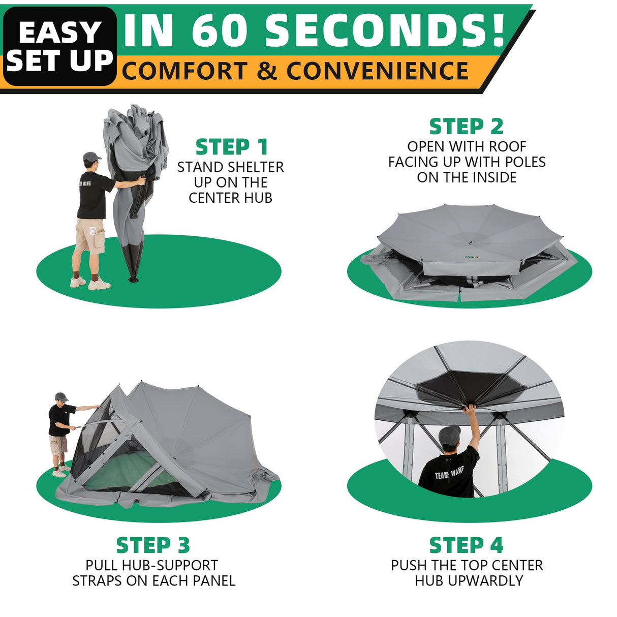 COBIZI Pop Up Gazebo Screen Tent Screen House for Camping, 15x15 Screen Room with Mosquito Netting, Hub Tent Instant Screened Canopy with Carrying Bag and Ground Stakes, Gray COBIZI