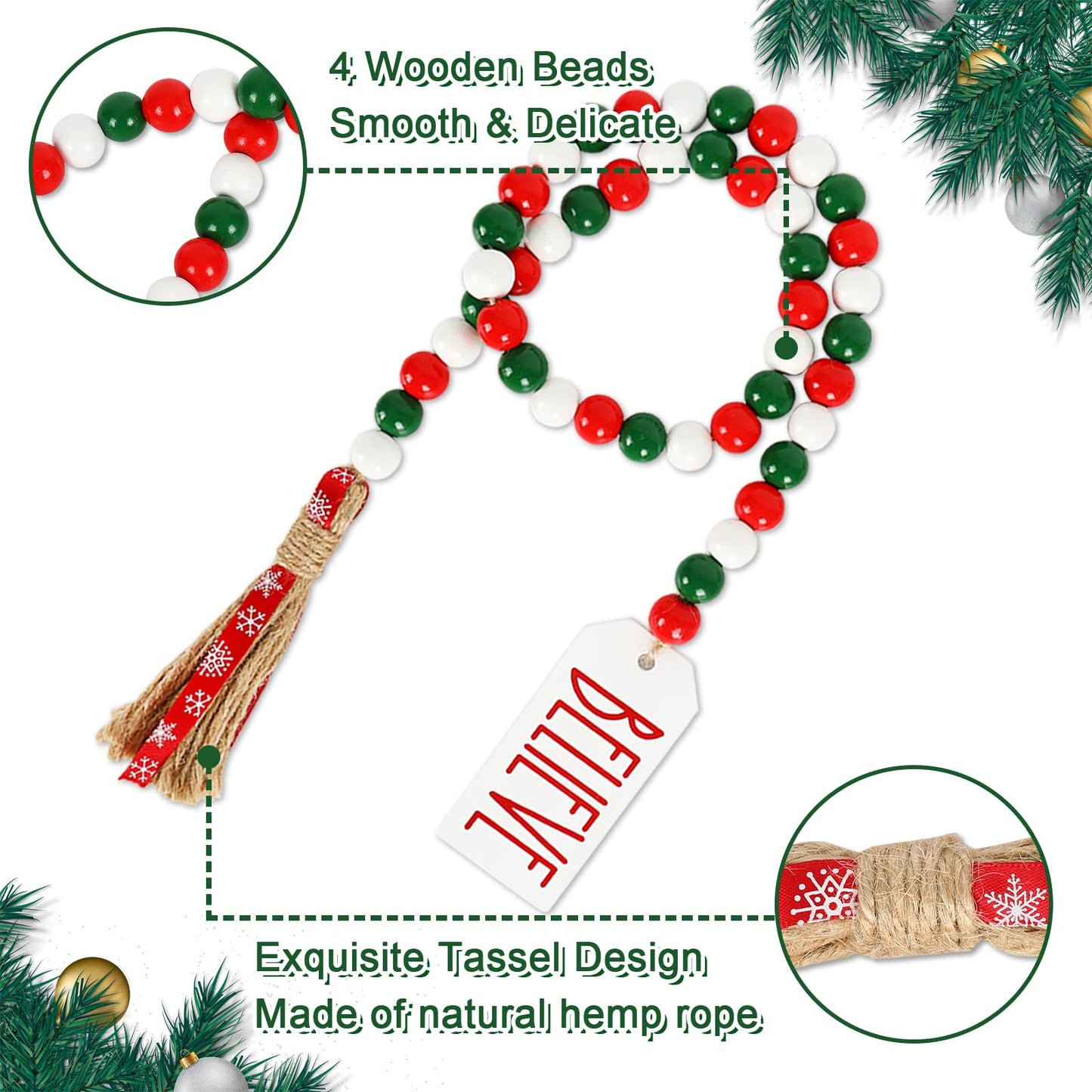 Whaline 2Pcs Christmas Wooden Bead Garlands Xmas Natural Wood Bead Garland with Rope Tassel Classical Red Green Beads Hanging Decor for Farmhouse Tiered Tray Home Wall Decor Christmas Party Suppliers