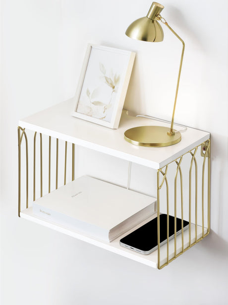 Floating Nightstand with Cable Hole, Modern Minimalism Small Wall Mounted White&Gold Bedside Table Pine Wood Hanging Night Stands Storage 2 Tier Shelf for Bedroom Bathroom Kitchen Sivapleso