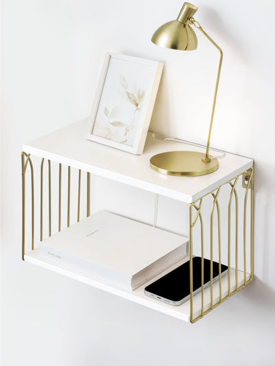 Floating Nightstand with Cable Hole, Modern Minimalism Small Wall Mounted White&Gold Bedside Table Pine Wood Hanging Night Stands Storage 2 Tier Shelf for Bedroom Bathroom Kitchen