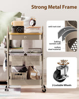 ALVOROG Rolling Cart with Drawer and Wood Table Top, 3 Tier Metal Rolling Utility Cart on Wheels with DIY Pegboards, Hanging Baskets, Hooks for Kitchen, Bedroom, Office, Craft Supplies ALVOROG