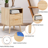 AILEEKISS Rattan Nightstand with Wireless Charging Station Modern Bedside Tables with Solid Wood Feet Rattan Night Stands with Drawers and Open Storage Shelf for Bedroom (Natural) AILEEKISS