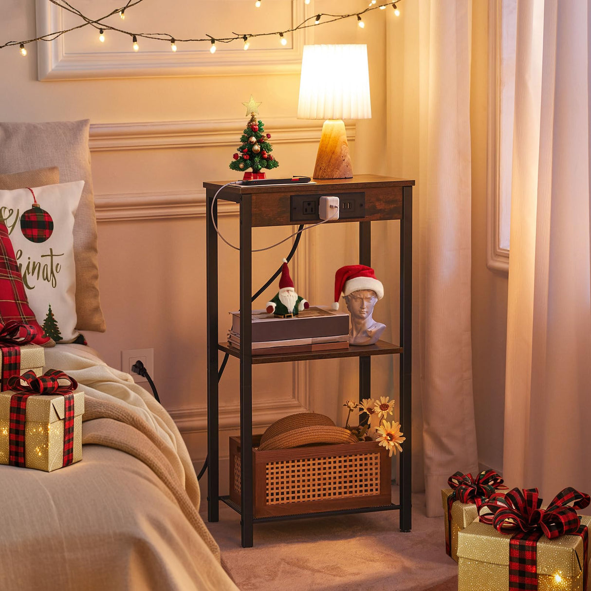 HOOBRO Tall End Table with Charging Station, 30 Inch Tall Nightstand, 3-Tier Side Table with Storage Shelves, for Living Room, Bedroom, Hallway, Rustic Brown BF09UDH01 HOOBRO