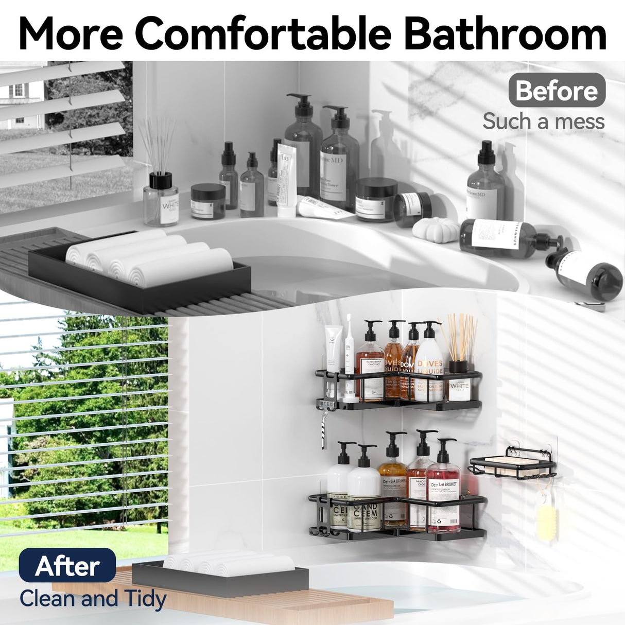 YASONIC Corner Shower Caddy Organizer, 3-Pack Adhesive Rustproof Stainless Steel Shower Shelves with Soap Holder, No Drilling Shower Storage Rack for Family Renters Bathroom, Black YASONIC