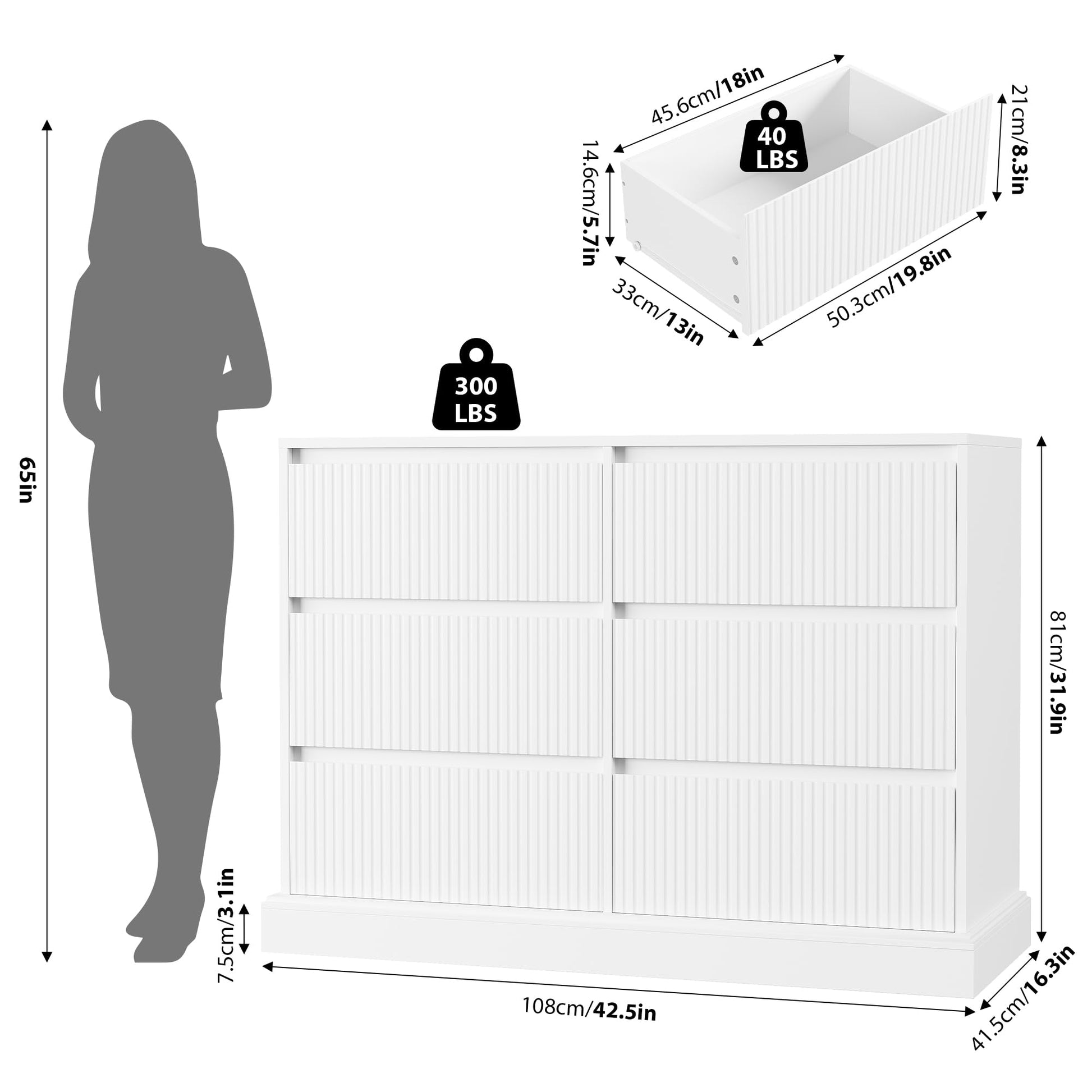 HOSTACK White Dresser, Modern 6 Drawer Double Dresser, Wide Dresser Chest of Drawers with Wavy Pattern | Handleless Deep Drawers, Wood Storage Dresser Cabinet for Living Room, Hallway, Entryw - WoodArtSupply