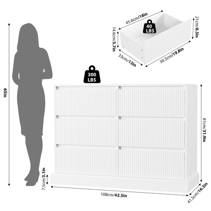 HOSTACK White Dresser, Modern 6 Drawer Double Dresser, Wide Dresser Chest of Drawers with Wavy Pattern | Handleless Deep Drawers, Wood Storage Dresser Cabinet for Living Room, Hallway, Entryw - WoodArtSupply