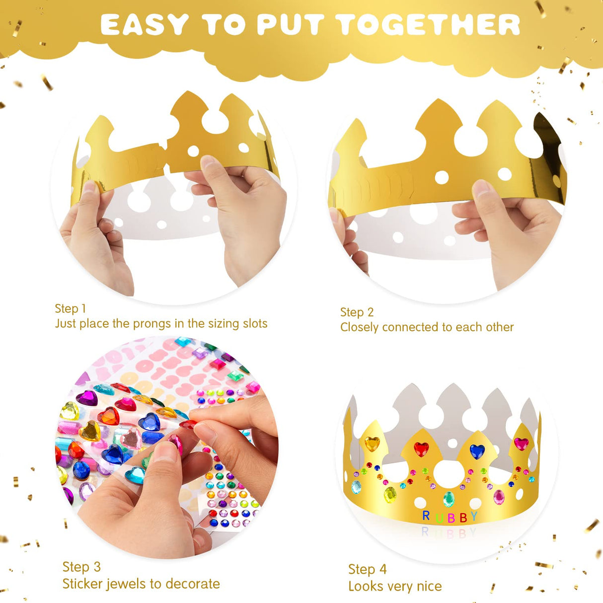 MGZTTHW Gold Paper Crown Set for Kids, DIY Crown Kit with Jewels Gem Number Letter Stickers for Birthday Party Decor and Craft Projects, 15 Pcs Adjustable Crown Hats in 5 Styles MGZTTHW