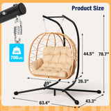 Pamapic 700 LBS Double Egg Chair Outdoor, UV Resistant Cushions Hanging Egg Chair with Armrests & Headrest, Thick Steel Frame Egg Swing Chair with Stand, for Relaxing & Reading Outside/Inside(Beige) Pamapic
