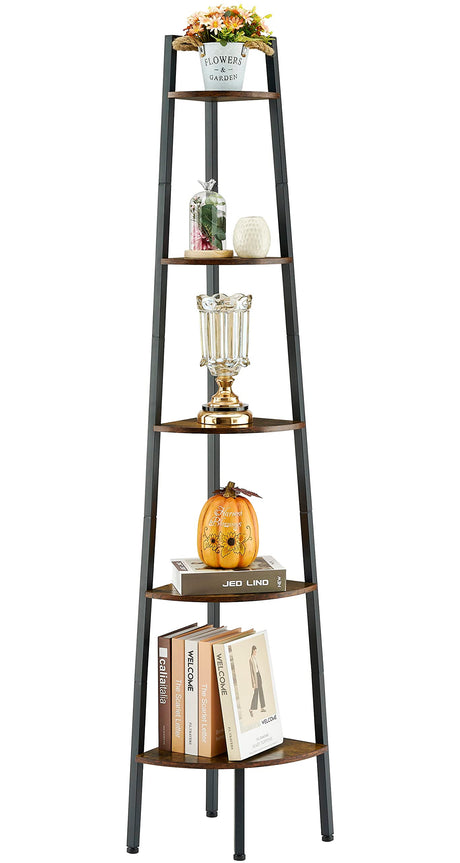 Hoctieon 5-Tier Rustic Brown Corner Shelf - Industrial Ladder Display Rack for Small Spaces Hoctieon