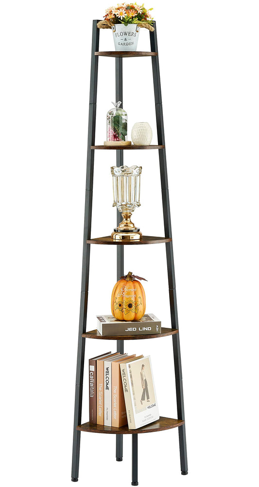 Hoctieon 5-Tier Rustic Brown Corner Shelf - Industrial Ladder Display Rack for Small Spaces - WoodArtSupply