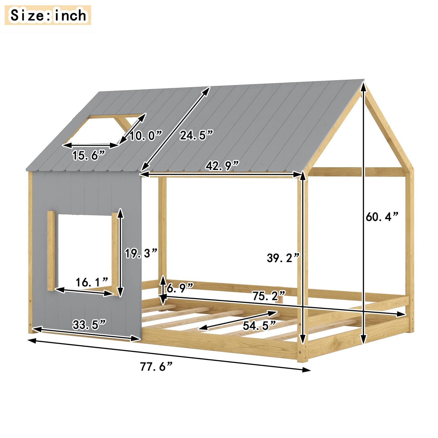 Bellemave Full Size Montessori House Bed Frame with Roof & Window for Kids – Gray & Natural - WoodArtSupply