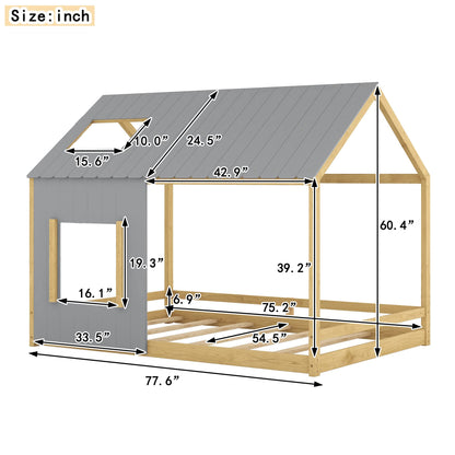 Bellemave Full Size Montessori House Bed Frame with Roof & Window for Kids – Gray & Natural - WoodArtSupply