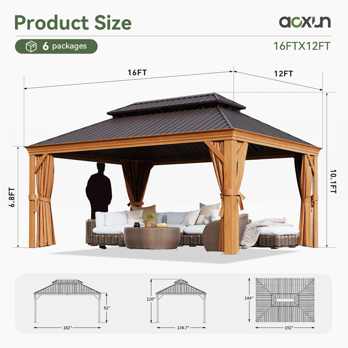 Aoxun Hardtop Gazebo, 12 x 16ft Wooden Finish Coated Aluminum Frame Canopy, Galvanized Steel Double Top, Outdoor Permanent Metal Pavilion with Curtains and Netting, for Backyard, Patio and Deck Aoxun