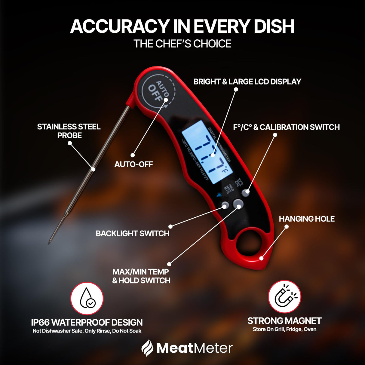 MeatMeter Digital Meat Thermometer for Grill/Cooking Fast Instant Read Waterproof Magnetic Probe Thermometer w/Backlight and Display for Kitchen, BBQ, Frying, etc. Chicken, Steak,or Burgers, Red MeatMeter