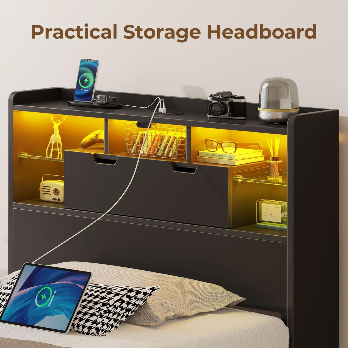 Rolanstar Twin Bed Frame with Headboard, LED Bed with Bookcase Storage and Charging Station, Metal Platform Bed with Glass Shelves, No Box Spring Needed, Noise-Free, Black Rolanstar