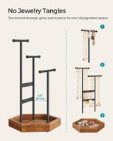 SONGMICS Jewelry Holder Organizer, 4 Independent Zones, Jewelry Display Stand, Metal Frame, Necklace Earring Bracelet Holder, for Rings, Valentine's Day Gift, Black and Caramel Brown UJJS03CB SONGMICS