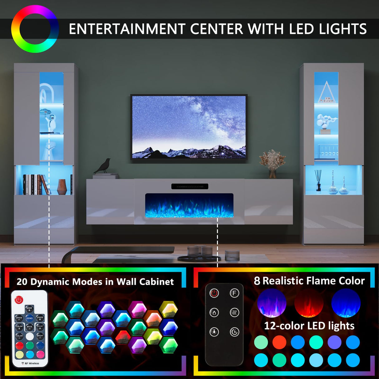 AMERLIFE High Gloss Living Room Entertainment Center with LED Lights, Including Floating Fireplace TV Stand with 40" Electric Fireplace & 2 Bookcases with Glass Doors, All White AMERLIFE