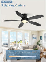 ZMISHIBO 52 Inch Ceiling Fans with Lights, Flush Mount Low Profile Ceiling Fan with Remote, Reversible, 3CCT, Noiseless, LED Ceiling Fan Lighting Fixture for Bedroom, Kitchen, Indoor-Black ZMISHIBO