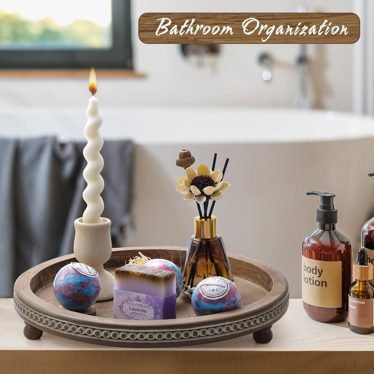 Handmade Wooden Serving Tray, Small Beaded Coffee Table Tray Decor, Warm Brown Round Decorative Tray for Coffee Table, Dining Room Table Entryway and Living Room Table KULEDM