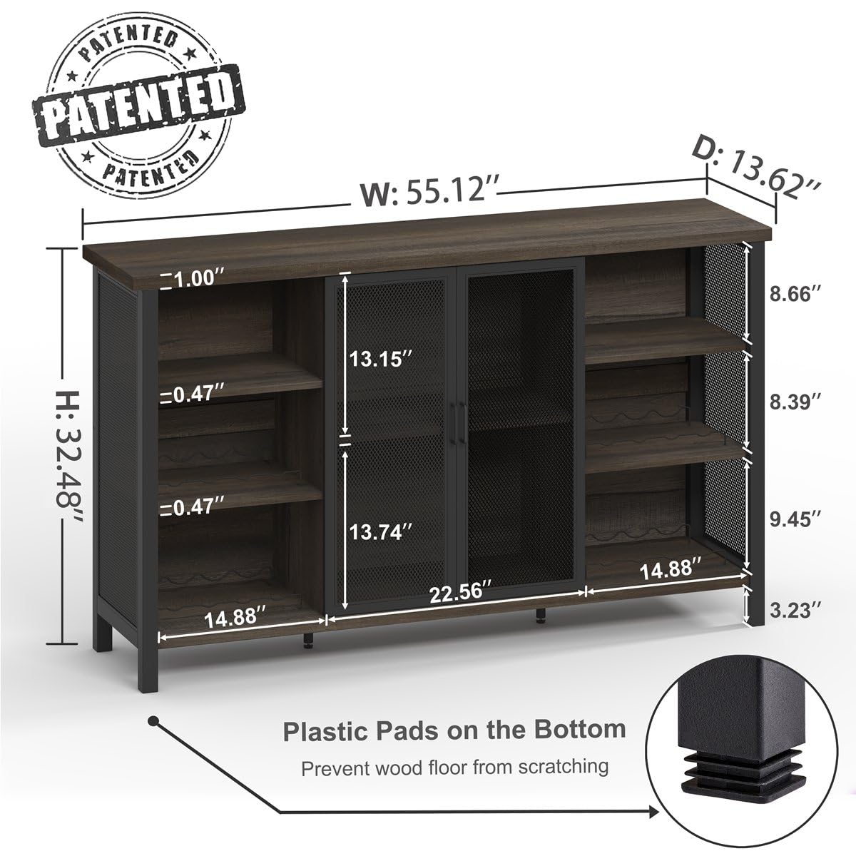 FATORRI Wine Bar Cabinet for Liquor and Glasses, Industrial Coffee Bar Cabinet, Farmhouse Sideboard and Buffet Cabinets with Storage, Wood and Metal Wine Rack (55 Inch, Walnut Brown) FATORRI