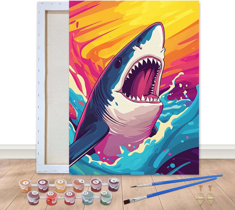 Bimkole Framed Paint by Numbers Kit for Adults Shark, DIY Oil Painting on Canvas with Frame, Animals Paint by Numbers Set for Home Wall Decor 8x12 Inch/20x30 cm Bimkole
