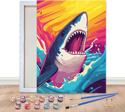 Bimkole Framed Paint by Numbers Kit for Adults Shark, DIY Oil Painting on Canvas with Frame, Animals Paint by Numbers Set for Home Wall Decor 8x12 Inch/20x30 cm