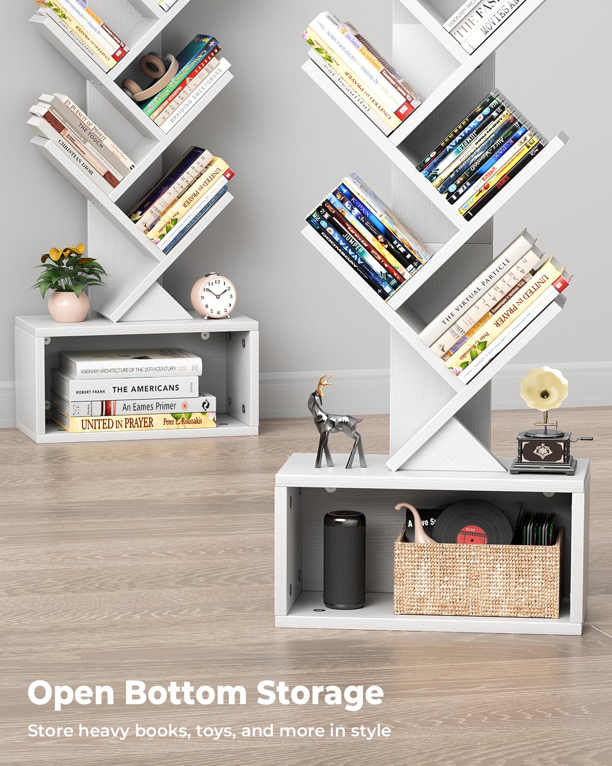 Evermagin 6 Tier Tree Bookshelf with Light, Narrow Bookcase Tower, Tall Floor Standing Book Shelf Organizer with Storage Cabinet for Living Room, Bedroom and Home Office, White Evermagin