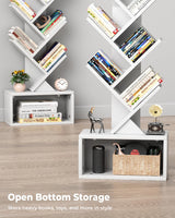 Evermagin 6 Tier Tree Bookshelf with Light, Narrow Bookcase Tower, Tall Floor Standing Book Shelf Organizer with Storage Cabinet for Living Room, Bedroom and Home Office, White Evermagin