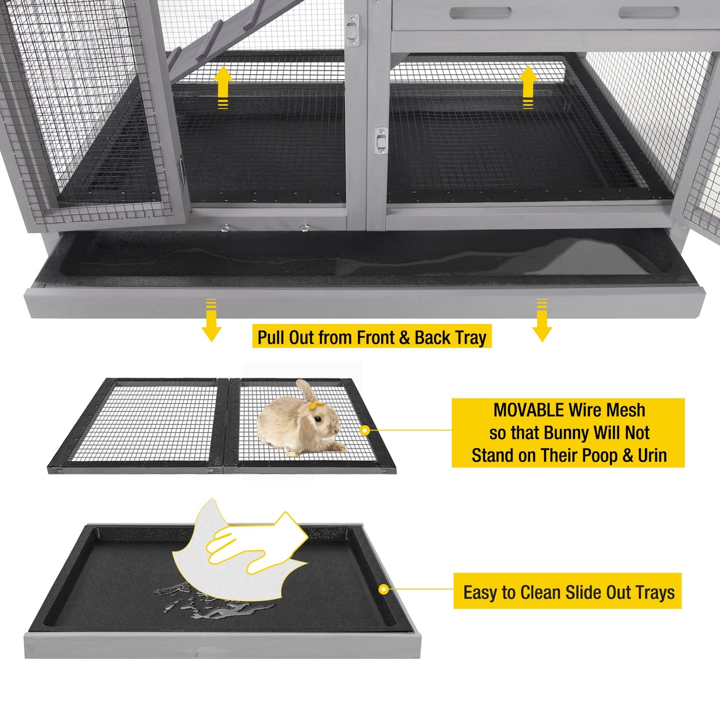 Aivituvin Rabbit Hutch, Indoor Bunny Cage with Run Outdoor Rabbit House with Two Deeper No Leak Trays - 4 Casters Include (Grey) - WoodArtSupply