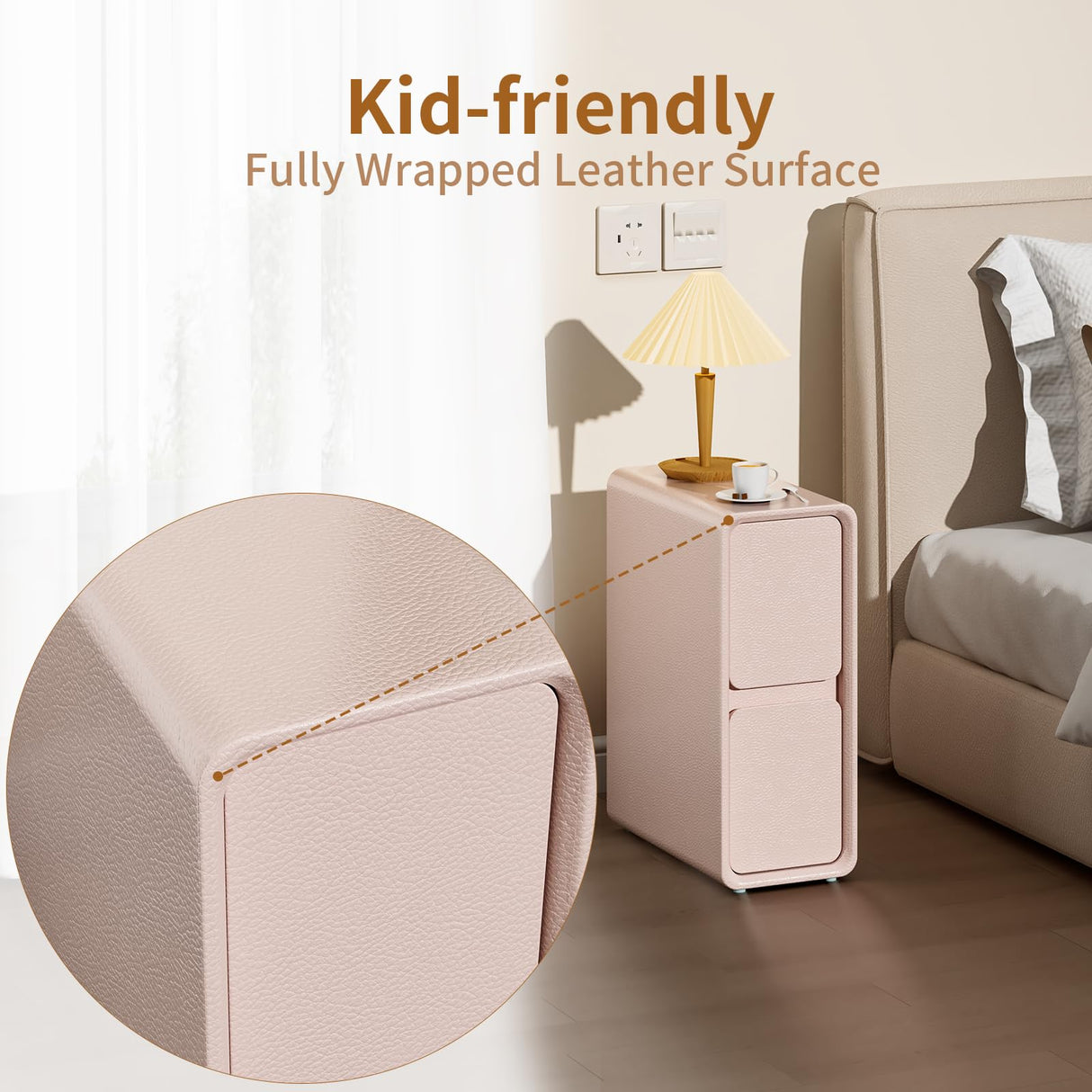 VICITON Modern Narrow Faux Leather Nightstand, Solid Wood Drawer, Storage Accent Table, Small Side End Table for Bedroom (Pink, Narrow) VICITON