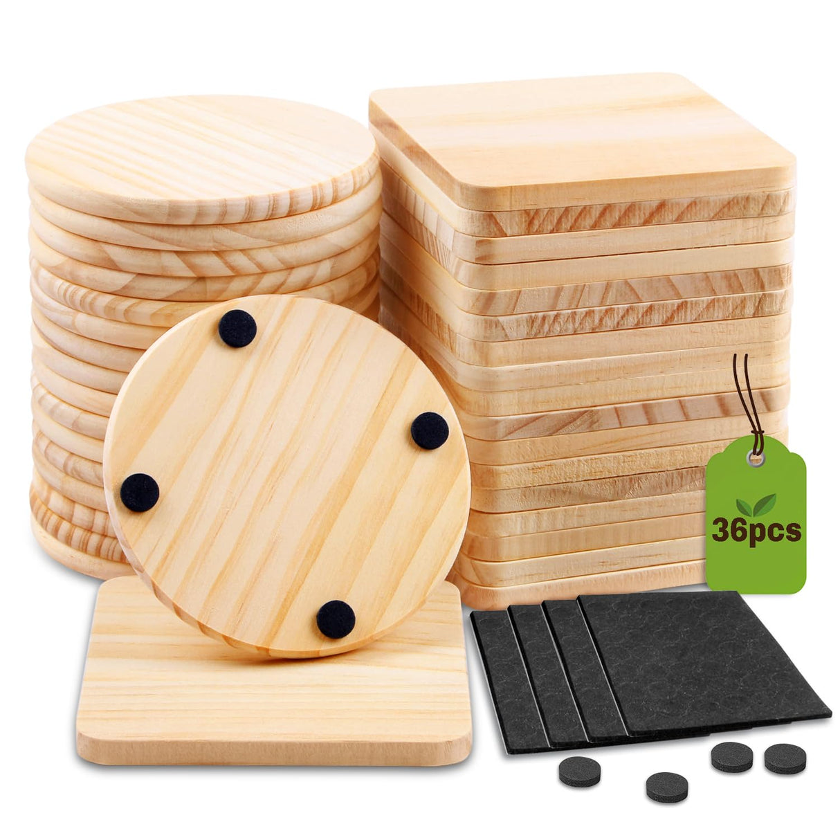 36 Pcs Unfinished Wood Coasters for Crafts,Cymuber 4 Inch Blank Wooden Coasters,Blank Coaster with Non Slip Pad for DIY Stained Painting Wood Engraving Wedding Halloween Christmas Home Decoration Cymuber