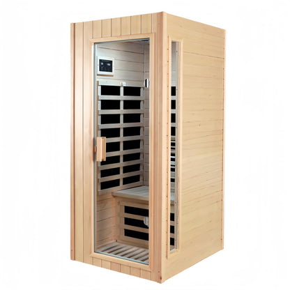 Far Infrared Sauna 1 Person Infrared Sauna Room Canadian Hemlock Wooden Sauna for Home, 1300W Low-EMF Indoor Saunas with Control Panel, Bluetooth Speakers, LED Reading Lamp, Tempered Glass Door