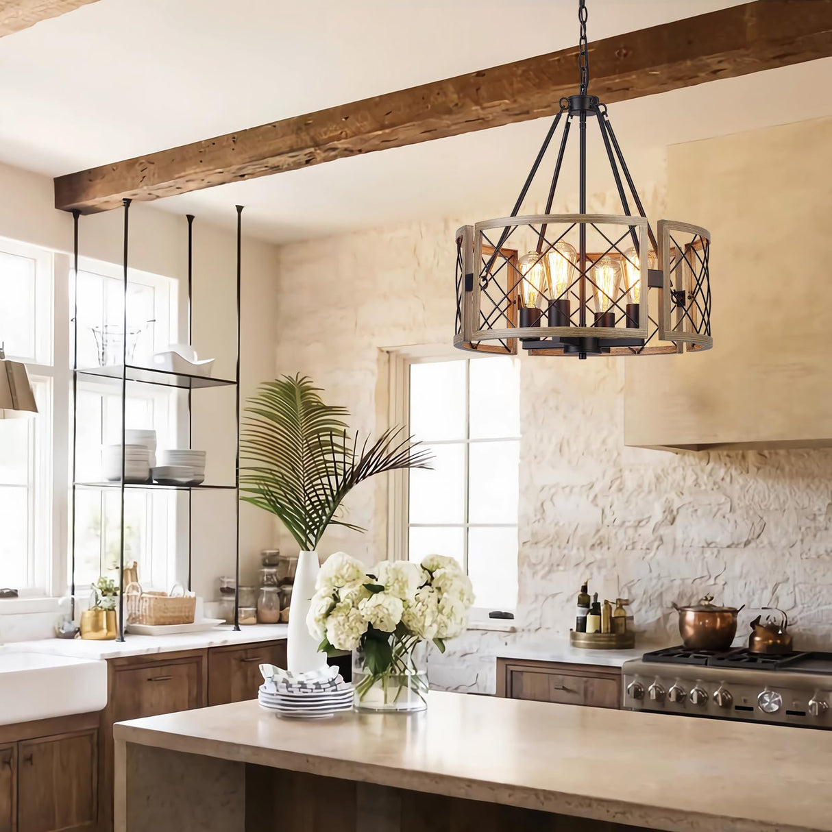 SANTOSTOCK Modern Farmhouse Chandelier, Rustic 4-Light Dining Room Chandelier Light Fixture Kitchen Island Light, Adjustable Hanging Light for Bedroom Entryway Foyer Living Room, Grey Wood SANTOSTOCK