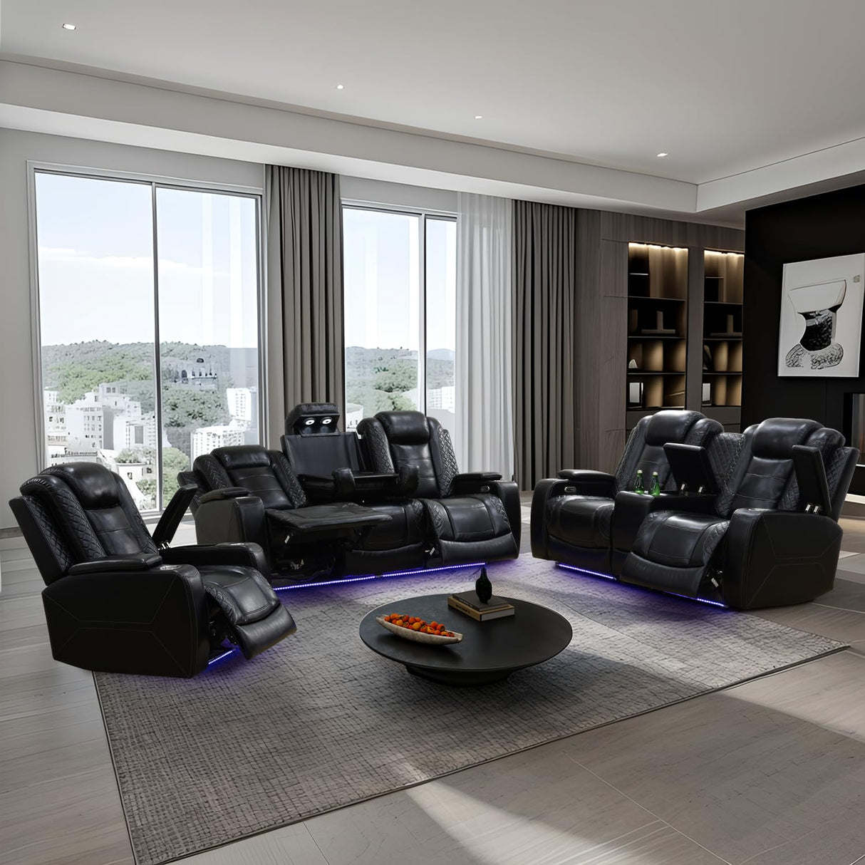 SIENWIEY Power Recliner Sofa Set with LED Lights for Living Room Furniture Set, Black Leather Reclining Couch Set, Recliner Couch with USB Port and Cup Holders,Sofa+Loveseat+Chair SIENWIEY